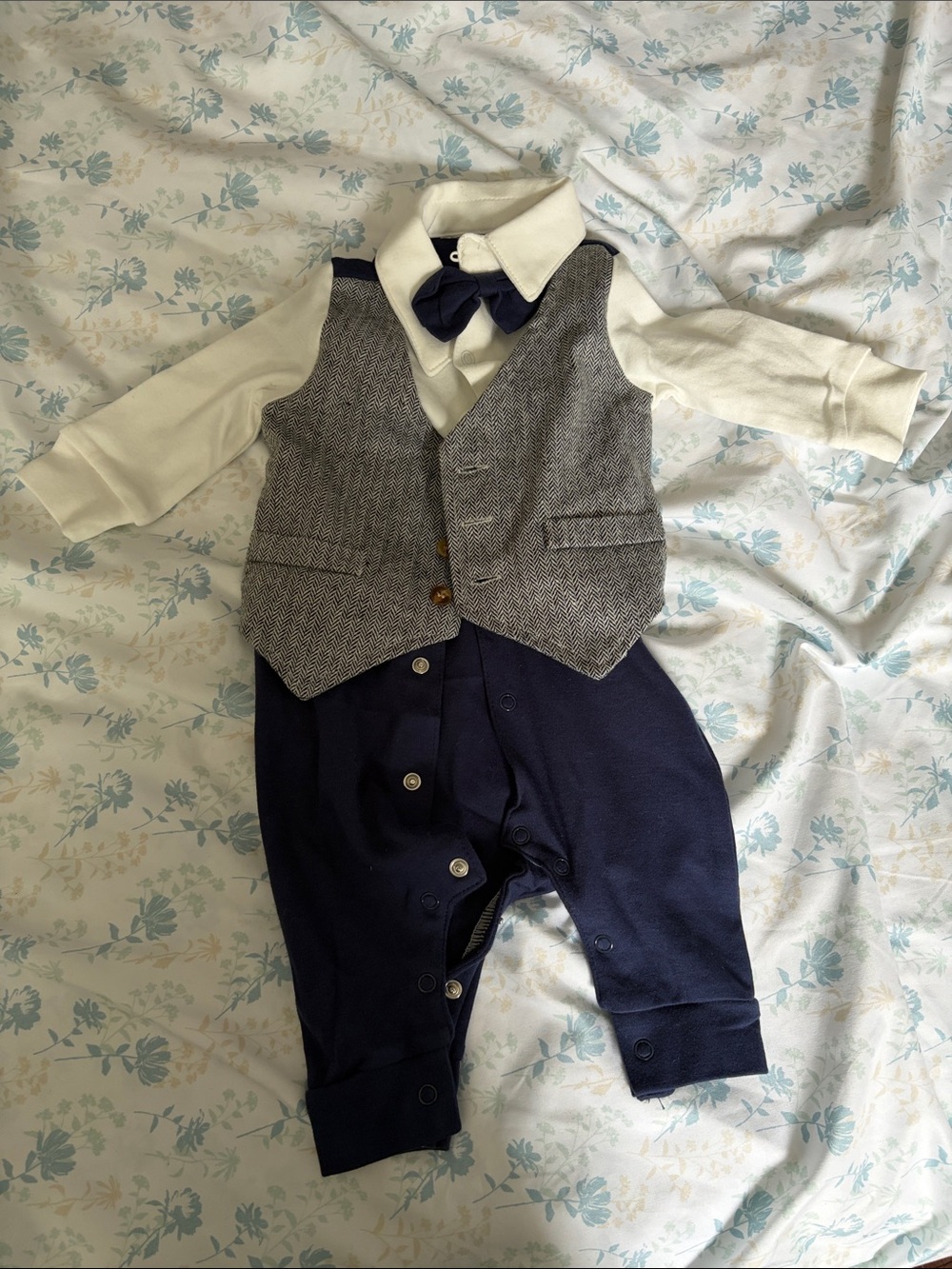 Baby Formal Vest One-Piece with Bow Tie - Cream & Navy